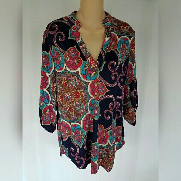 Women’s Boho Navy Pink And Teal Paisley Tunic Top Size Large - Picture 8 of 8